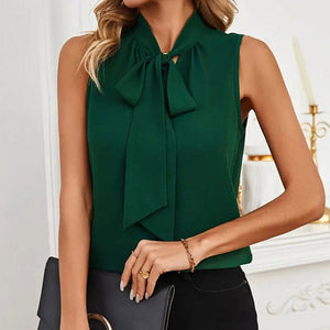 Stand - up collar tie bow sleeveless loose solid color tops - Negative Apparel