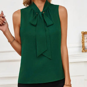 Stand - up collar tie bow sleeveless loose solid color tops - Negative Apparel