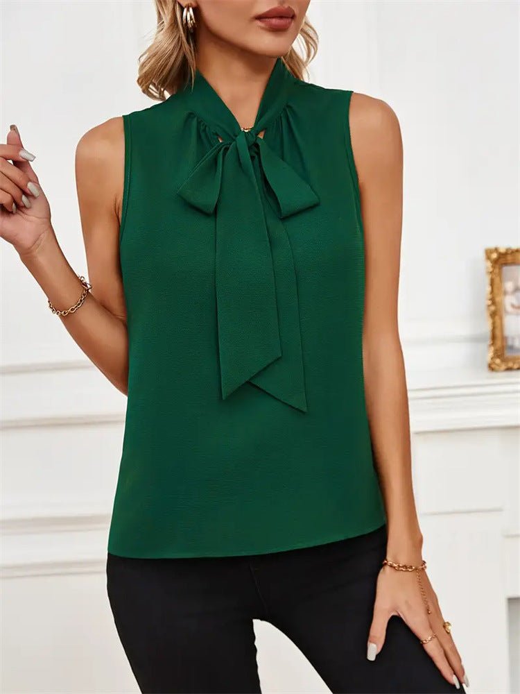 Stand - up collar tie bow sleeveless loose solid color tops - Negative Apparel