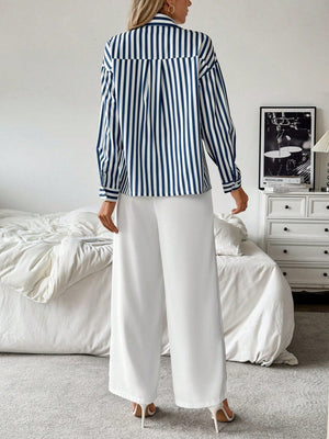 Striped Collar Casual Shirt And White Straight - Leg Pants Combination, Simple And Versatile Outfit - Negative Apparel