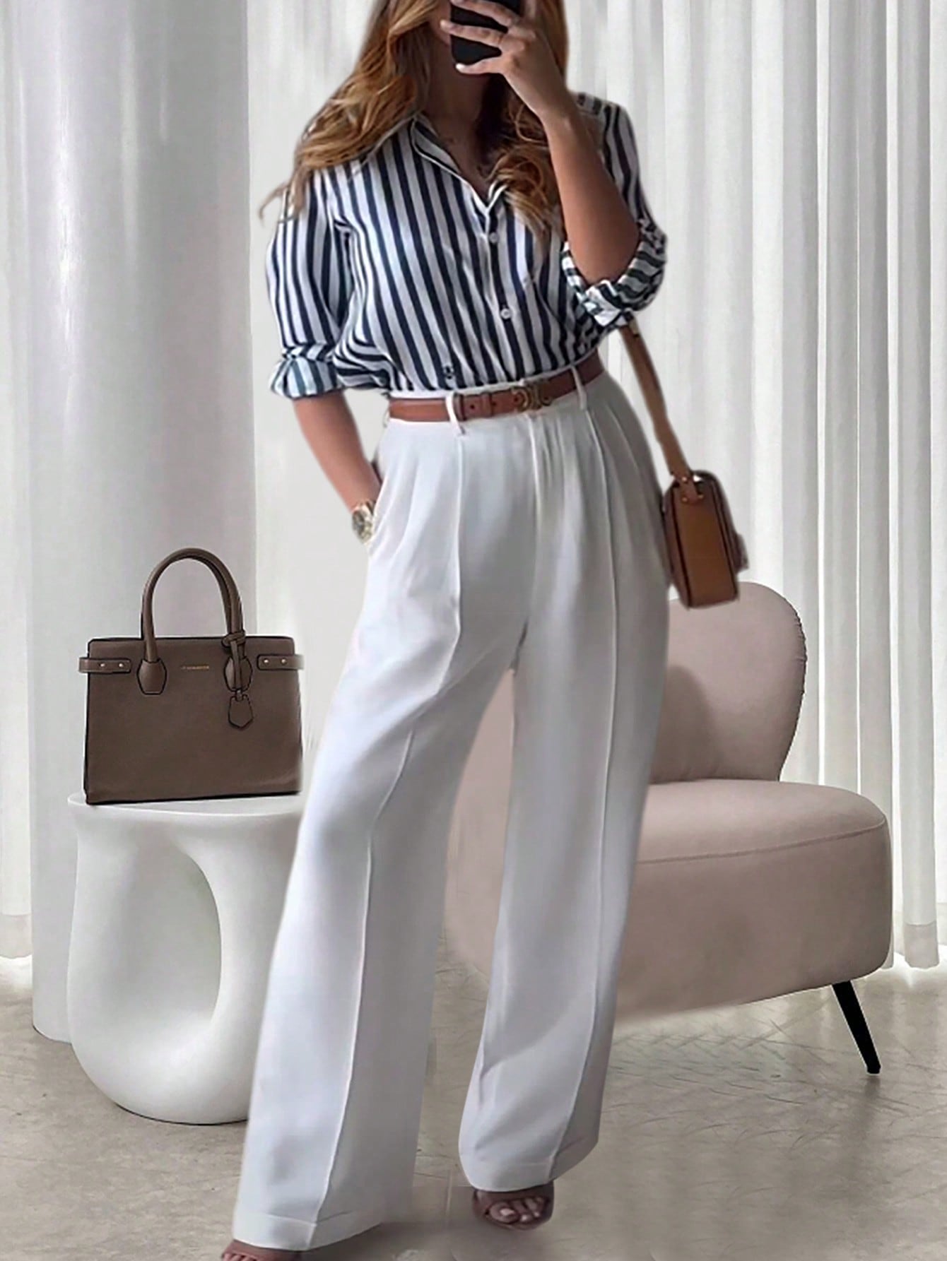 Striped Collar Casual Shirt And White Straight - Leg Pants Combination, Simple And Versatile Outfit - Negative Apparel