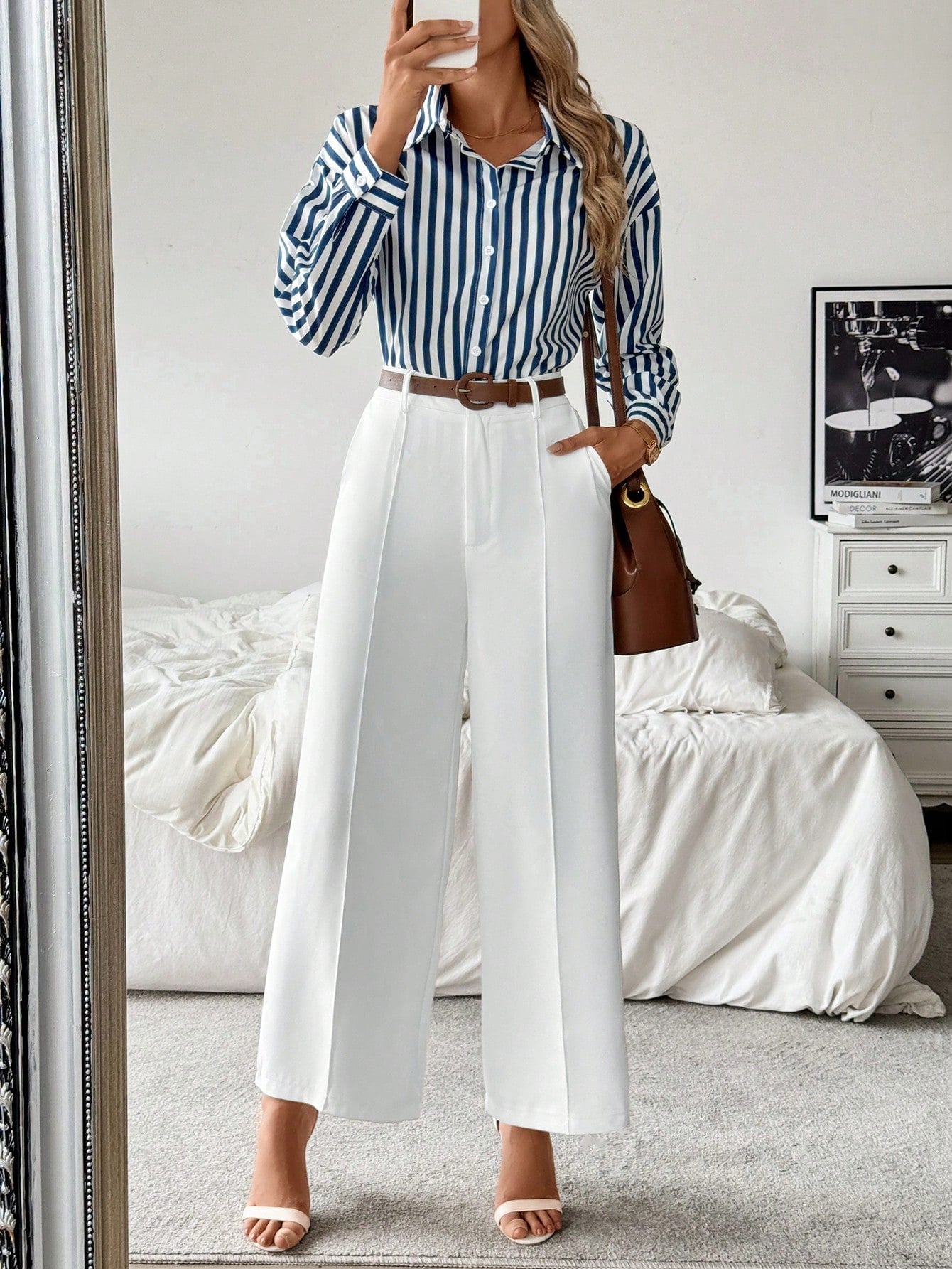 Striped Collar Casual Shirt And White Straight - Leg Pants Combination, Simple And Versatile Outfit - Negative Apparel