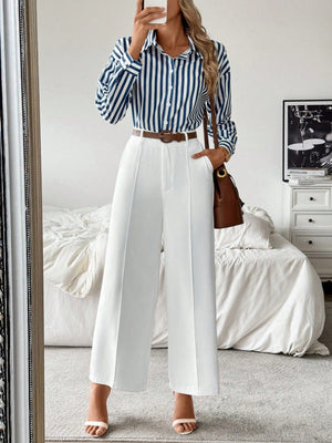 Striped Collar Casual Shirt And White Straight - Leg Pants Combination, Simple And Versatile Outfit - Negative Apparel