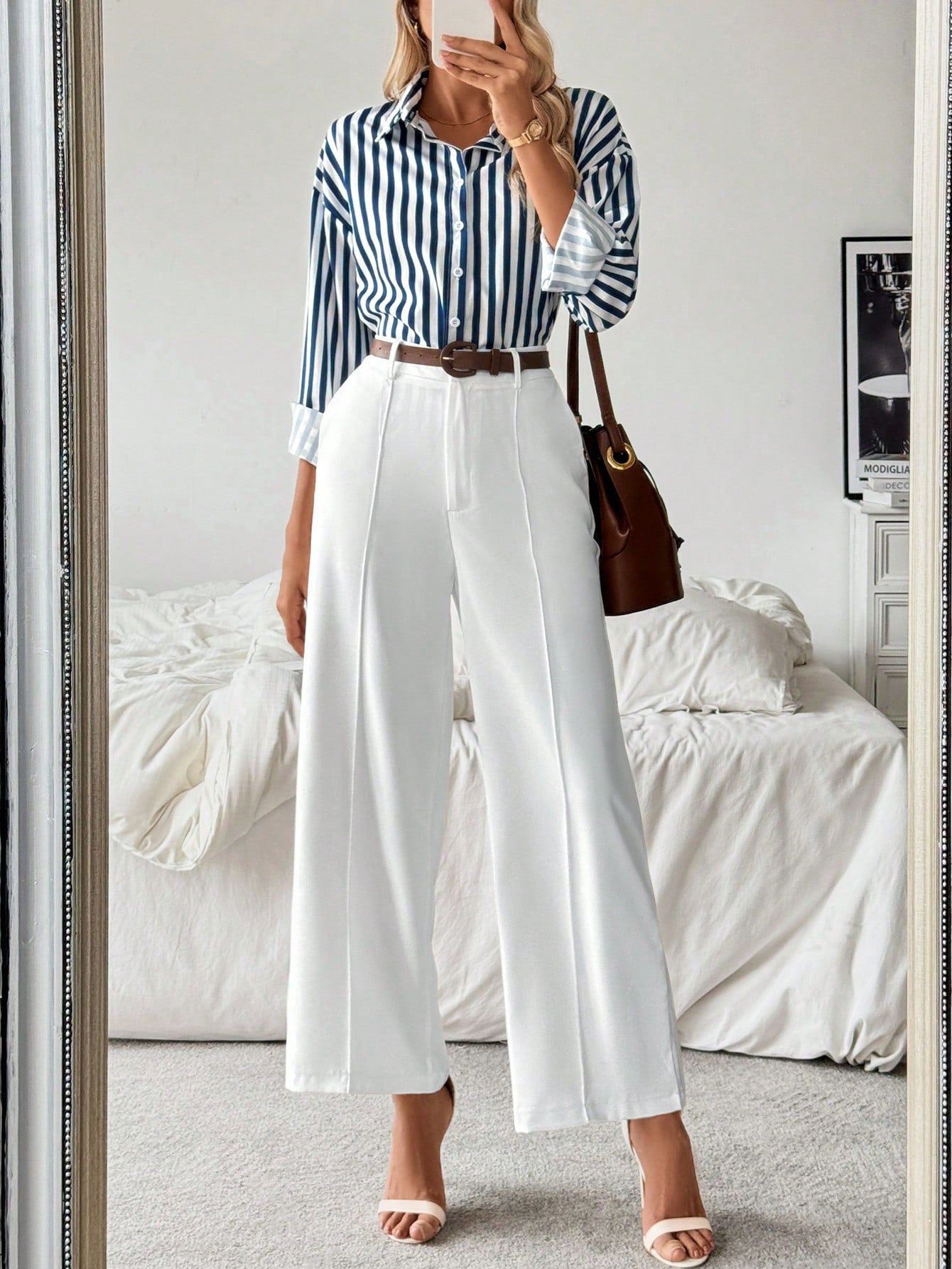 Striped Collar Casual Shirt And White Straight - Leg Pants Combination, Simple And Versatile Outfit - Negative Apparel