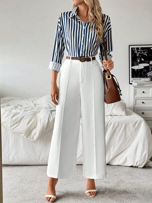 Striped Collar Casual Shirt And White Straight - Leg Pants Combination, Simple And Versatile Outfit - Negative Apparel