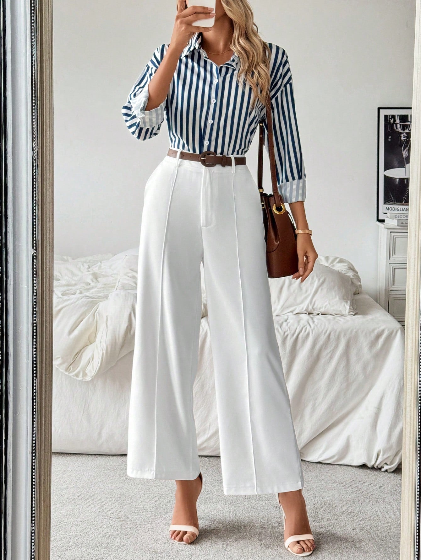 Striped Collar Casual Shirt And White Straight - Leg Pants Combination, Simple And Versatile Outfit - Negative Apparel