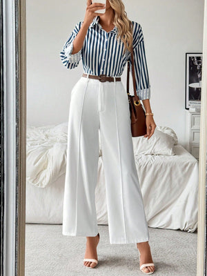 Striped Collar Casual Shirt And White Straight - Leg Pants Combination, Simple And Versatile Outfit - Negative Apparel