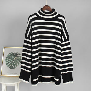 Striped High - Neck Pullover Sweater for Women | Loose Fit Korean Style Knitwear | Thick Viscose Blend Casual Top | Lazy Wind Fashion 2025 - Negative Apparel