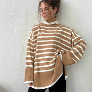 Striped High - Neck Pullover Sweater for Women | Loose Fit Korean Style Knitwear | Thick Viscose Blend Casual Top | Lazy Wind Fashion 2025 - Negative Apparel