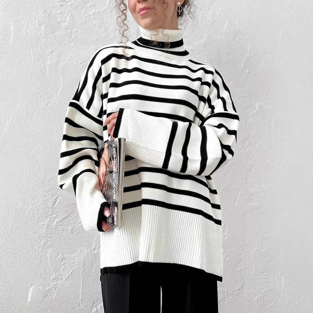 Striped High - Neck Pullover Sweater for Women | Loose Fit Korean Style Knitwear | Thick Viscose Blend Casual Top | Lazy Wind Fashion 2025 - Negative Apparel