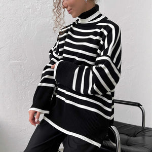 Striped High - Neck Pullover Sweater for Women | Loose Fit Korean Style Knitwear | Thick Viscose Blend Casual Top | Lazy Wind Fashion 2025 - Negative Apparel