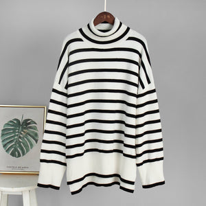 Striped High - Neck Pullover Sweater for Women | Loose Fit Korean Style Knitwear | Thick Viscose Blend Casual Top | Lazy Wind Fashion 2025 - Negative Apparel