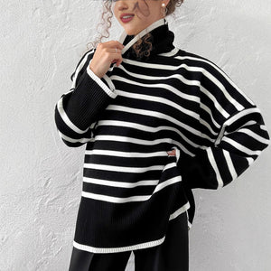 Striped High - Neck Pullover Sweater for Women | Loose Fit Korean Style Knitwear | Thick Viscose Blend Casual Top | Lazy Wind Fashion 2025 - Negative Apparel