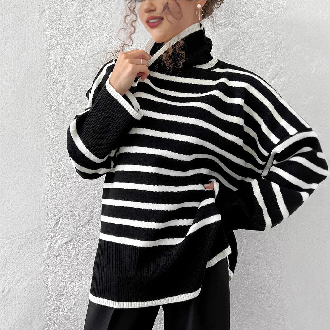 Striped High - Neck Pullover Sweater for Women | Loose Fit Korean Style Knitwear | Thick Viscose Blend Casual Top | Lazy Wind Fashion 2025 - Negative Apparel