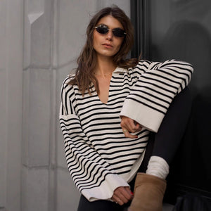 Striped Polo Knit Sweater for Women | Loose Fit Casual Pullover | Acrylic Cotton Blend | Korean Style Top | Summer 2025 Fashion - Negative Apparel