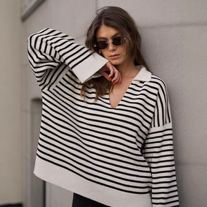 Striped Polo Knit Sweater for Women | Loose Fit Casual Pullover | Acrylic Cotton Blend | Korean Style Top | Summer 2025 Fashion - Negative Apparel
