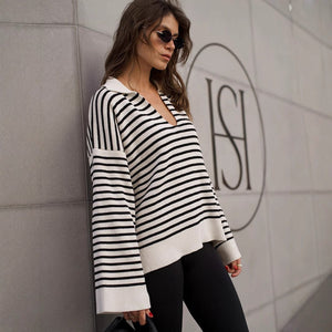 Striped Polo Knit Sweater for Women | Loose Fit Casual Pullover | Acrylic Cotton Blend | Korean Style Top | Summer 2025 Fashion - Negative Apparel