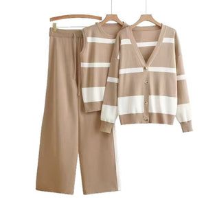 Striped sleeveless vest with button - down knitted cardigan top and wide - leg pants three - piece set - Negative Apparel