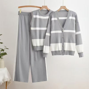 Striped sleeveless vest with button - down knitted cardigan top and wide - leg pants three - piece set - Negative Apparel