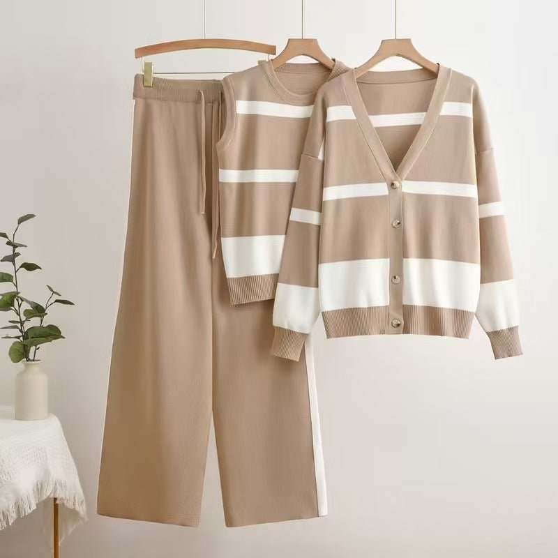 Striped sleeveless vest with button - down knitted cardigan top and wide - leg pants three - piece set - Negative Apparel