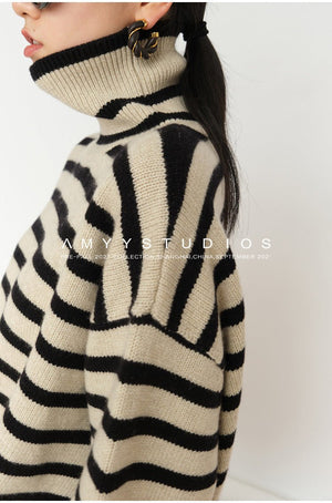 Striped turtleneck sweater women's loose design niche knitted sweater - Negative Apparel