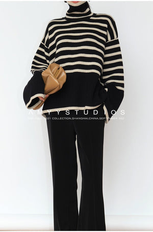 Striped turtleneck sweater women's loose design niche knitted sweater - Negative Apparel