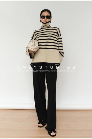 Striped turtleneck sweater women's loose design niche knitted sweater - Negative Apparel