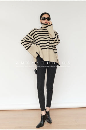 Striped turtleneck sweater women's loose design niche knitted sweater - Negative Apparel
