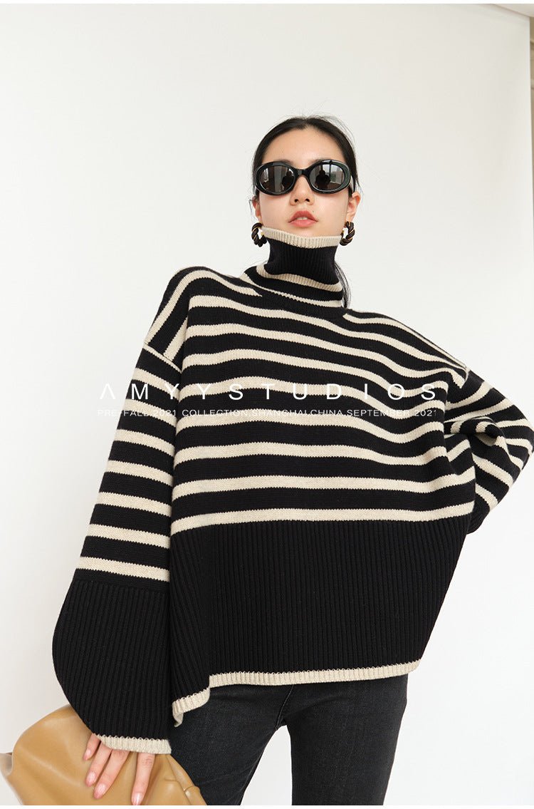 Striped turtleneck sweater women's loose design niche knitted sweater - Negative Apparel