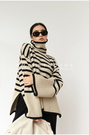 Striped turtleneck sweater women's loose design niche knitted sweater - Negative Apparel