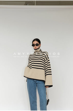 Striped turtleneck sweater women's loose design niche knitted sweater - Negative Apparel