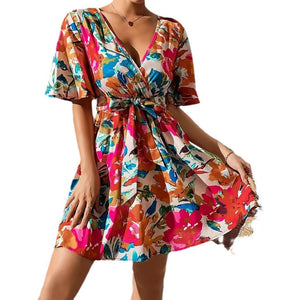 summer 2025 new elegant women's fashion flower print cross - neck belt dress - Negative Apparel