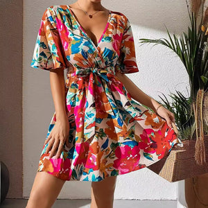 summer 2025 new elegant women's fashion flower print cross - neck belt dress - Negative Apparel