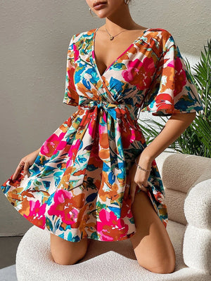 summer 2025 new elegant women's fashion flower print cross - neck belt dress - Negative Apparel