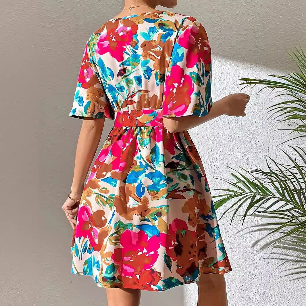 summer 2025 new elegant women's fashion flower print cross - neck belt dress - Negative Apparel