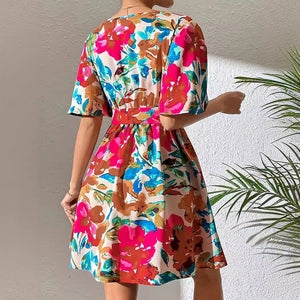 summer 2025 new elegant women's fashion flower print cross - neck belt dress - Negative Apparel