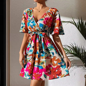 summer 2025 new elegant women's fashion flower print cross - neck belt dress - Negative Apparel
