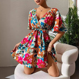 summer 2025 new elegant women's fashion flower print cross - neck belt dress - Negative Apparel