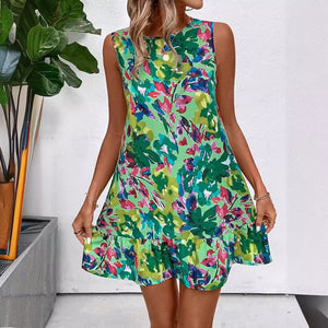 summer 2025 new elegant women's flower print + sleeve lotus ++ dress - Negative Apparel