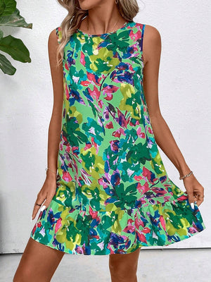 summer 2025 new elegant women's flower print + sleeve lotus ++ dress - Negative Apparel