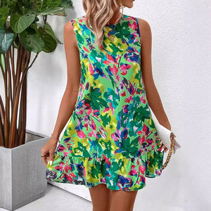 summer 2025 new elegant women's flower print + sleeve lotus ++ dress - Negative Apparel