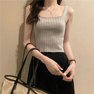 Summer 2025 new Korean version of the petite versatile curled navel - baring short tops outer wear knitted camisole vest for women - Negative Apparel