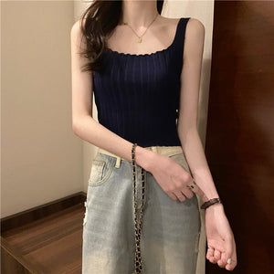 Summer 2025 new Korean version of the petite versatile curled navel - baring short tops outer wear knitted camisole vest for women - Negative Apparel