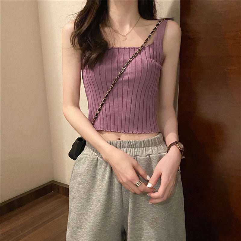 Summer 2025 new Korean version of the petite versatile curled navel - baring short tops outer wear knitted camisole vest for women - Negative Apparel