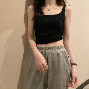 Summer 2025 new Korean version of the petite versatile curled navel - baring short tops outer wear knitted camisole vest for women - Negative Apparel