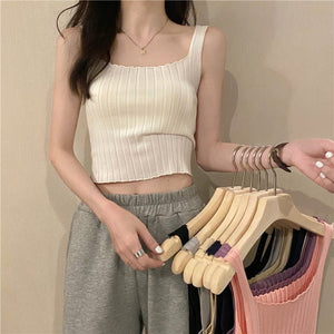 Summer 2025 new Korean version of the petite versatile curled navel - baring short tops outer wear knitted camisole vest for women - Negative Apparel
