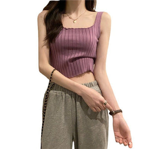 Summer 2025 new Korean version of the petite versatile curled navel - baring short tops outer wear knitted camisole vest for women - Negative Apparel
