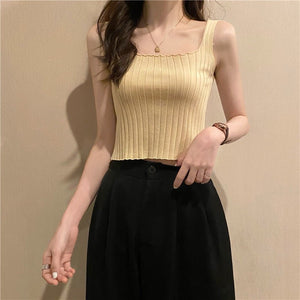 Summer 2025 new Korean version of the petite versatile curled navel - baring short tops outer wear knitted camisole vest for women - Negative Apparel