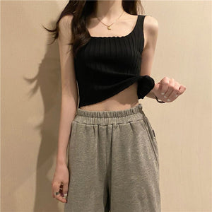 Summer 2025 new Korean version of the petite versatile curled navel - baring short tops outer wear knitted camisole vest for women - Negative Apparel