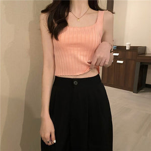 Summer 2025 new Korean version of the petite versatile curled navel - baring short tops outer wear knitted camisole vest for women - Negative Apparel
